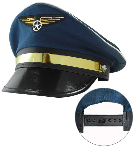 Adjustable navy pilot hat with gold wings emblem and black leather peak.