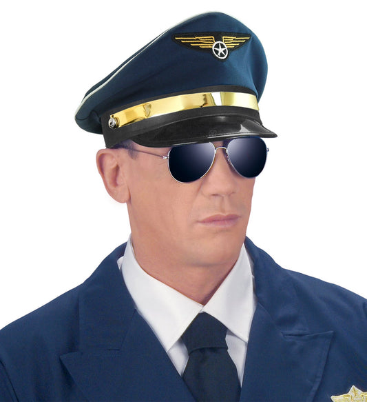 Adjustable navy pilot hat with gold trim and wings emblem.