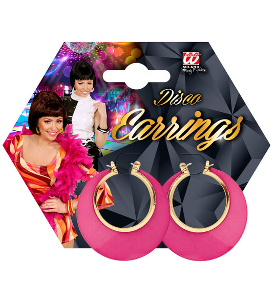 Pink gold disco drop earrings with rose gold plated stainless steel hoops on a hexagonal card.