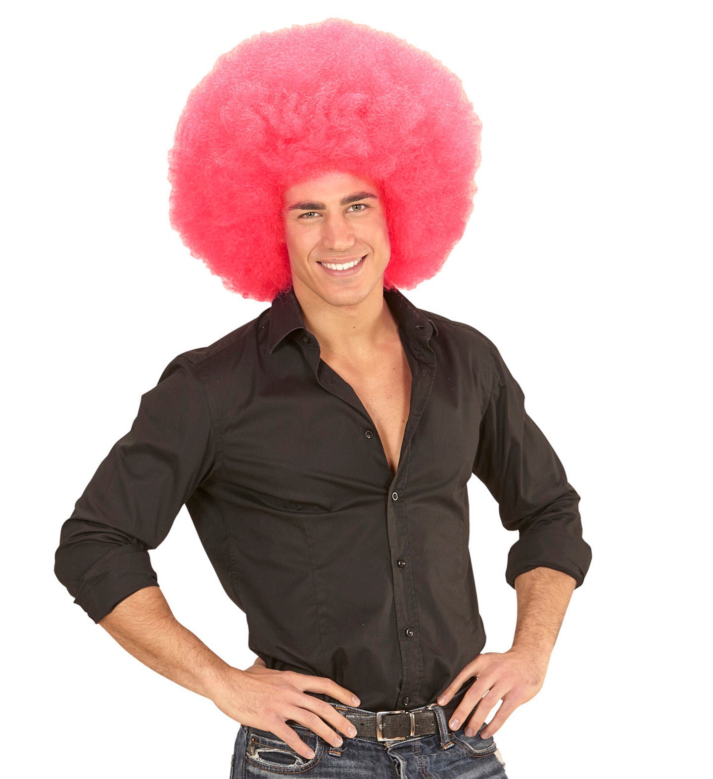 Voluminöse, pinke Afro-Wig mit elastischem Innennetz für Erwachsene, ideal für Partys.