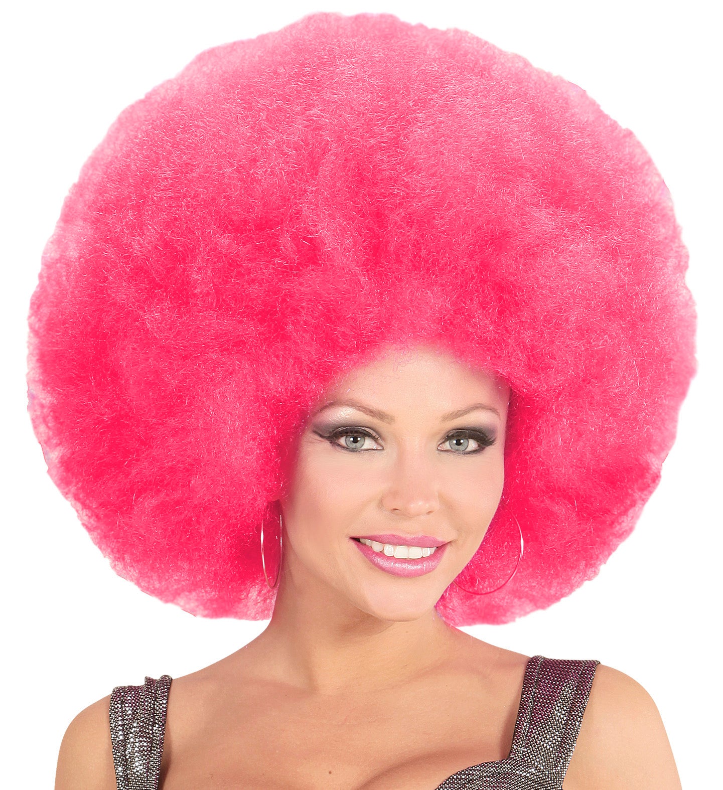 Voluminöse pinke Afro-Perücke mit elastischem Innennetz für Erwachsene, ideal für Partys.
