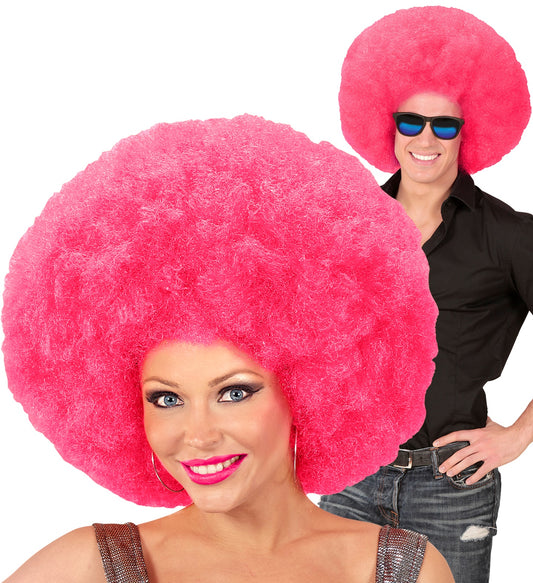 Voluminöse pinke Afro-Perücke mit XXL-Volumen und elastischem Innennetz für Erwachsene.