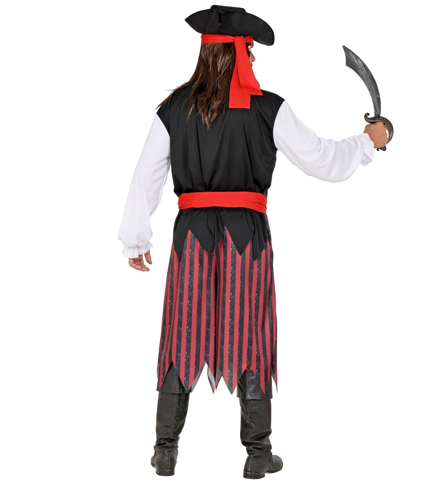 Rückansicht eines Mannes im Piratenkostüm mit Hut, Weste, Hose und Säbel.