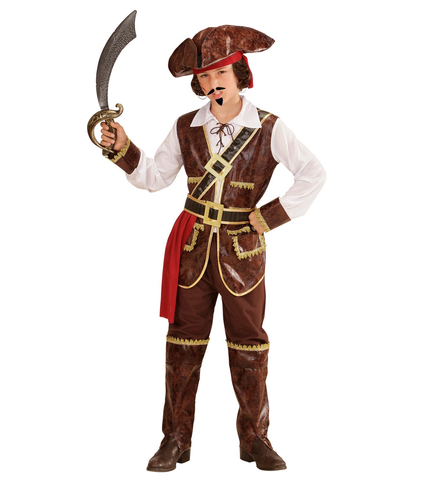 Jungen Piratenkostüm mit Hut, Weste, Hose, Gürtel und Schärpe.