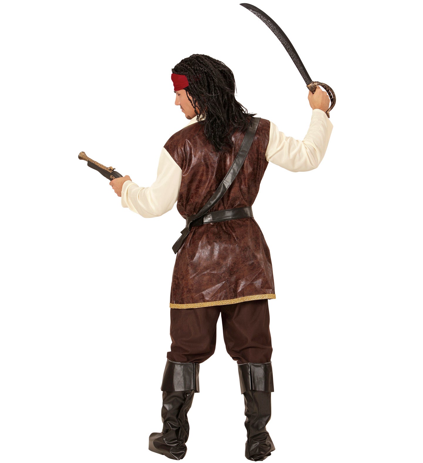 Rear view of man in brown pirate costume with sword, pistol, and boots.