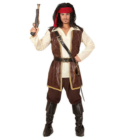 Man in complete pirate costume with shirt, vest, pants, belt, sword, pistol, headscarf, and boots.
