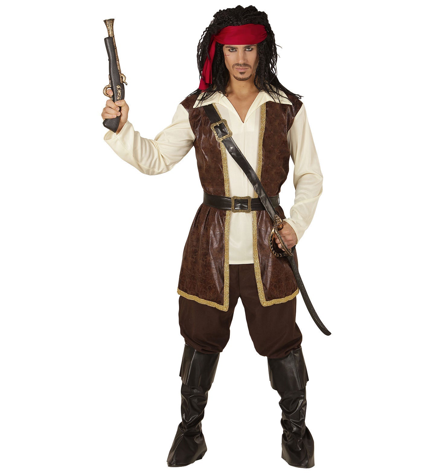 Man in complete pirate costume with headscarf, shirt, vest, pants, belt, sword, pistol, and boots.