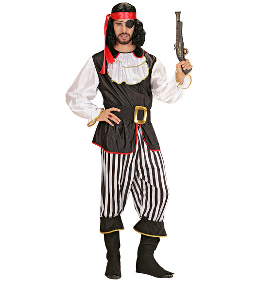 Mann in Widmann Pirat Kasack Herrenkostüm mit Jabot, Hose und Piratenaccessoires.