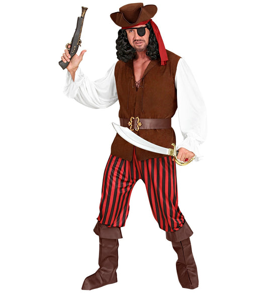Man in deluxe pirate costume with tricorn hat, eye patch, vest, striped pants, sword, and pistol.