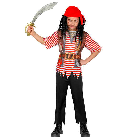 Jungen-Piratenkostüm mit gestreiftem Oberteil, Hose, Bandana und Säbel.