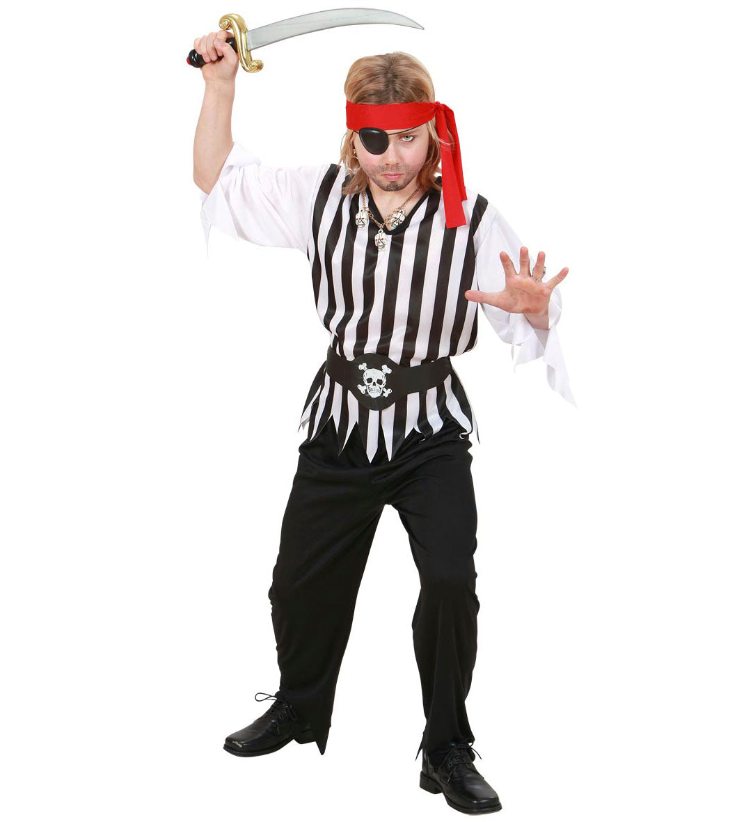 Jungen-Piratenkostüm mit gestreiftem Oberteil, schwarzer Hose, Gürtel und rotem Stirnband.