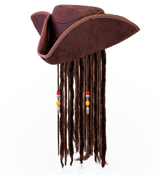 Widmann pirate tricorne hat in faux leather with attached synthetic hair.