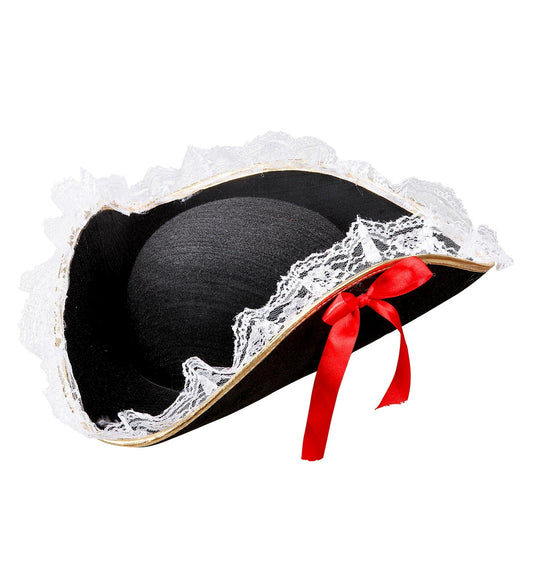 Black tricorne pirate hat with white lace trim and red bow for adults.