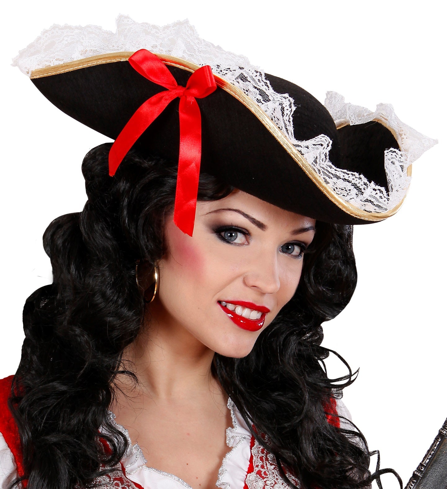 Black tricorne pirate hat with red bow and white lace trim for adult costumes.
