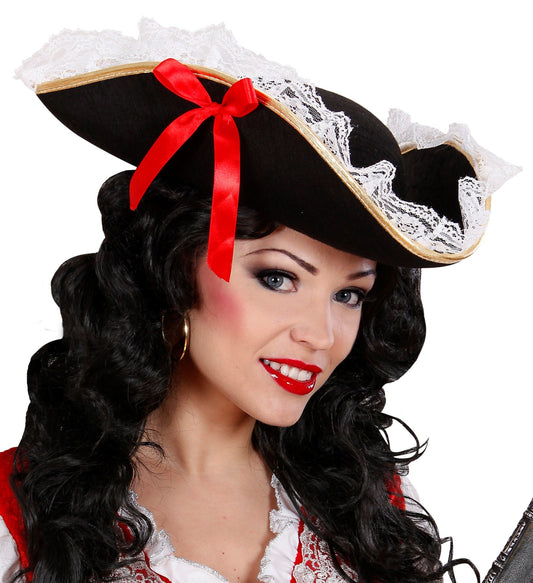 Black tricorne pirate hat with red bow and white lace trim for adult costumes.