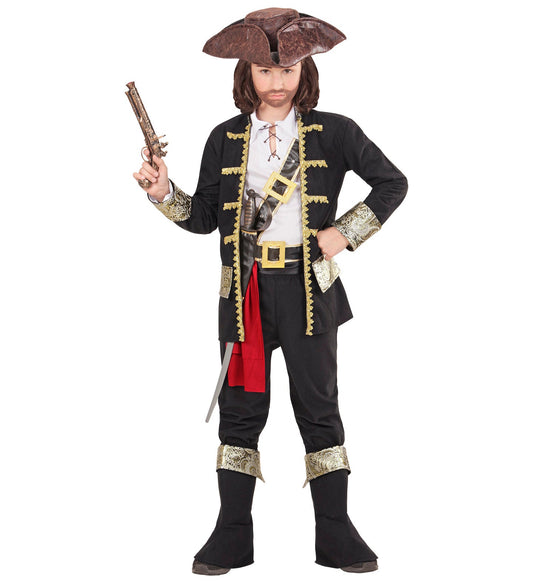 Boy in 7-piece pirate captain costume with tricorn hat, jacket, pants, sword, and pistol.
