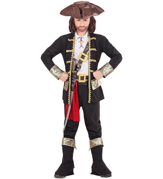 Boy in 7-piece pirate captain costume with tricorn hat, jacket, pants, sword, and boots.