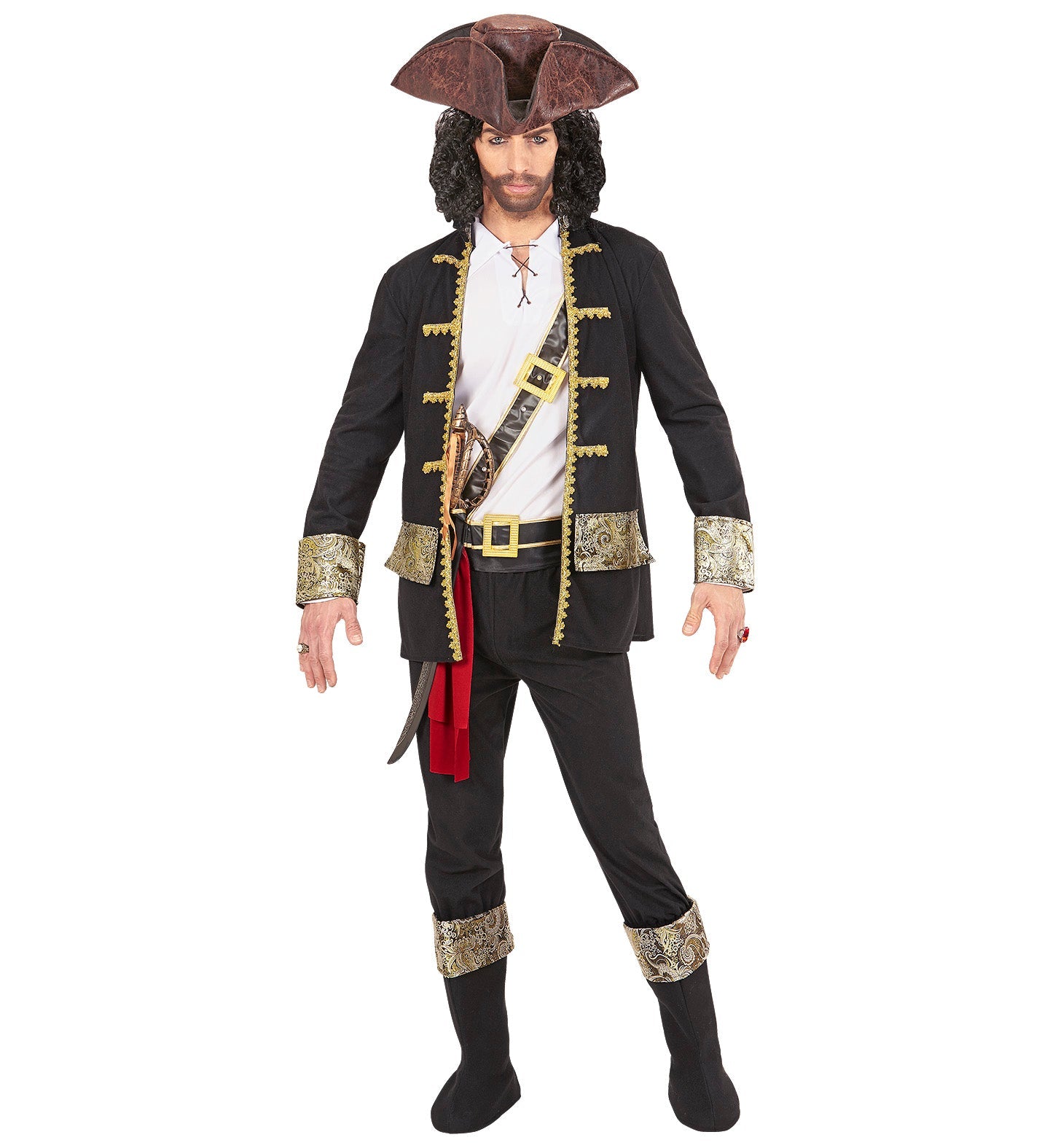 Mann im Widmann Piraten Kapitän Kostüm mit Dreispitz, Mantel, Hemd, Hose und Schwert.