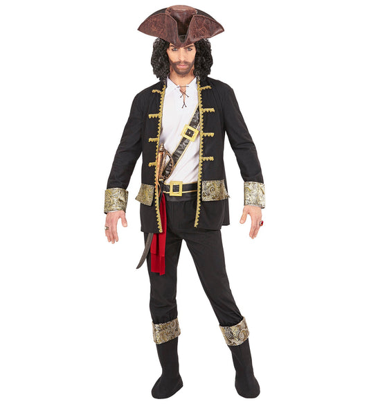 Mann im Widmann Piraten Kapitän Kostüm mit Dreispitz, Mantel, Hemd, Hose und Schwert.