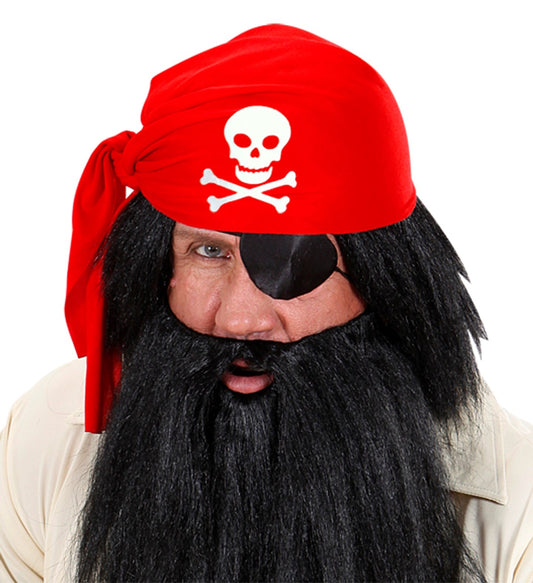 Red polyester pirate bandana hat with white skull and crossbones emblem.