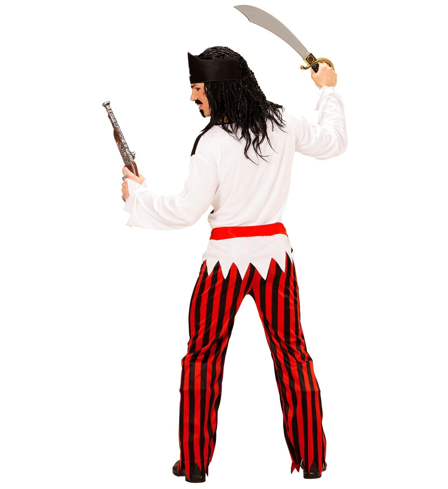 Rear view of men's pirate costume set with white shirt, red sash, striped pants, sword, and pistol.