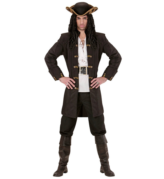 Black velvet pirate jacket for men with gold trim and buttons.