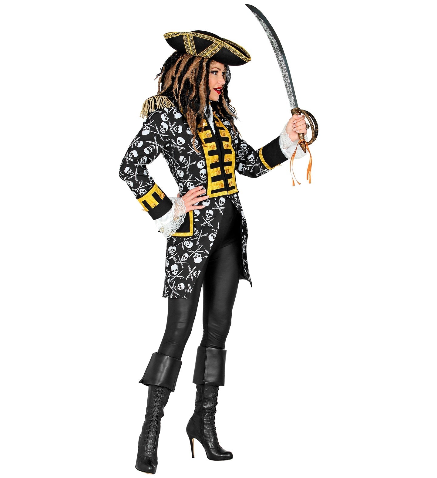 Weiße Damen-Piraten-Paradejacke mit Totenkopf-Knöpfen und schwarzem Kragen.