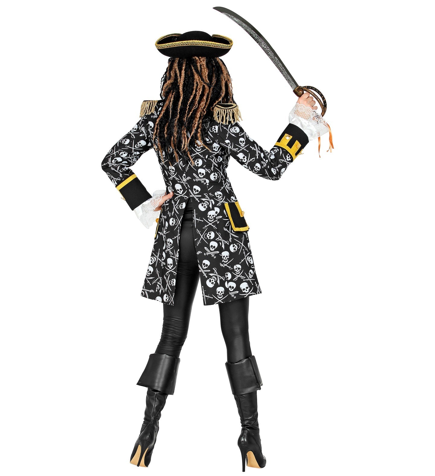 Weiße Damen-Piraten-Paradejacke mit Totenkopf-Knöpfen, getragen von hinten.