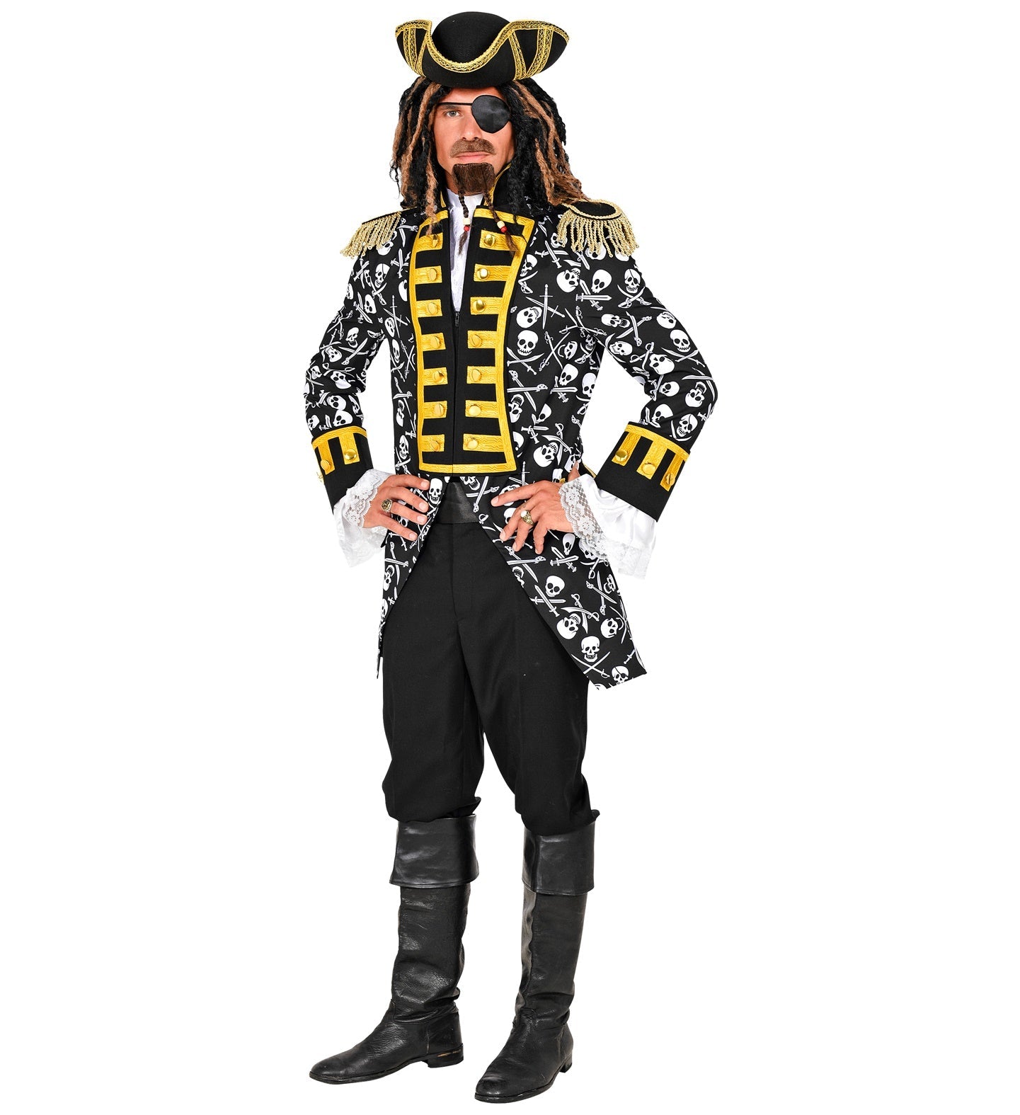 Schwarzer Satin-Piraten-Paradefrack für Herren mit Totenkopf-Print und goldener Borte.