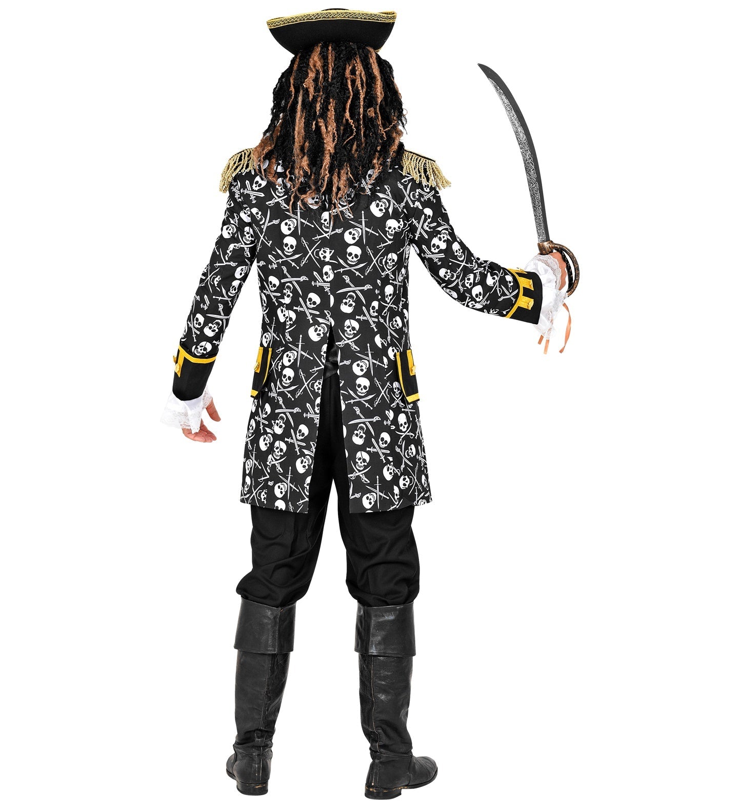 Rückansicht eines schwarzen Satin-Piraten-Paradefrocks mit Totenkopf-Print und Schwert.