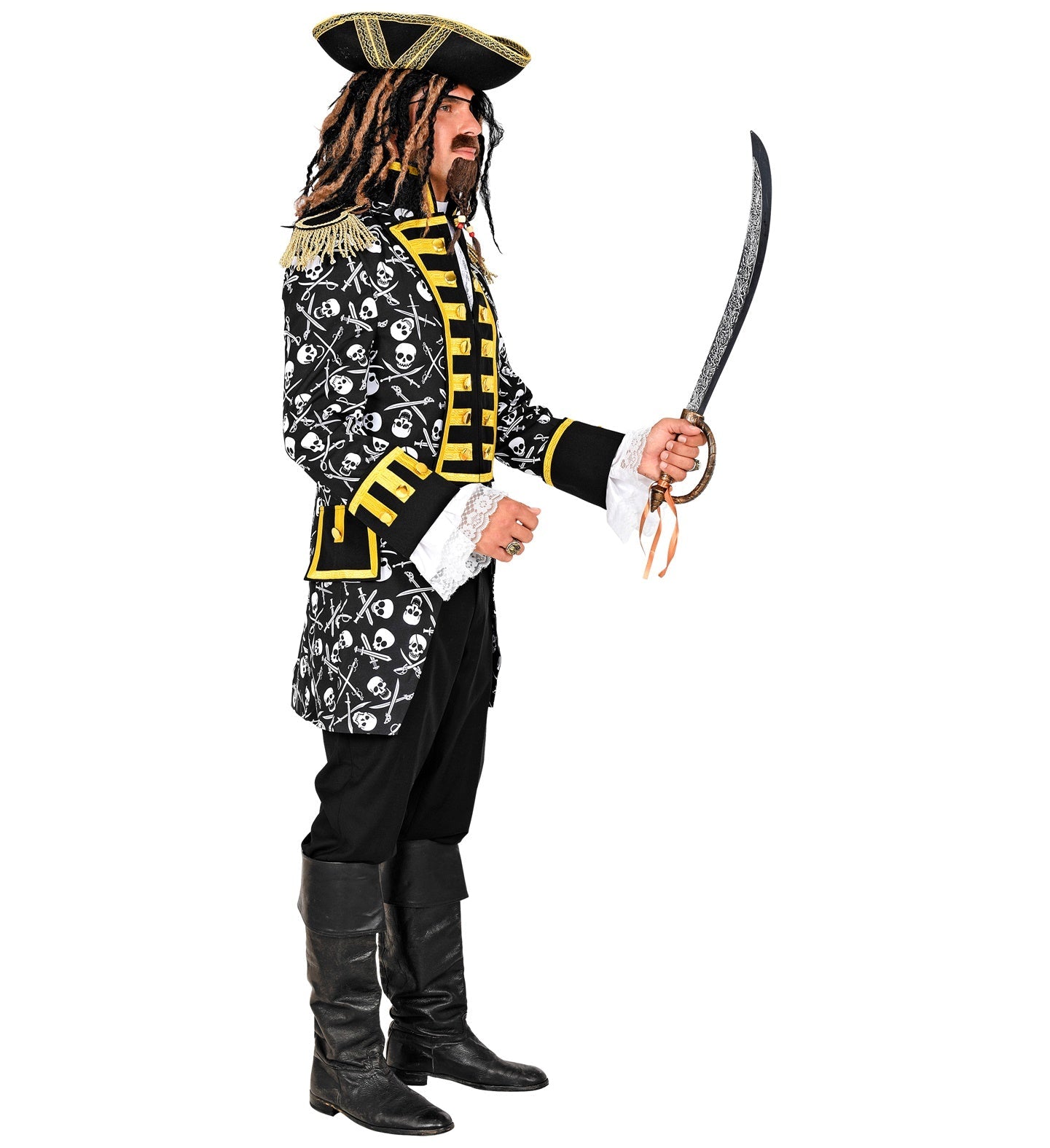 Schwarzer Satin-Piraten-Paradefrack für Herren mit Totenkopf-Prints und Degen.