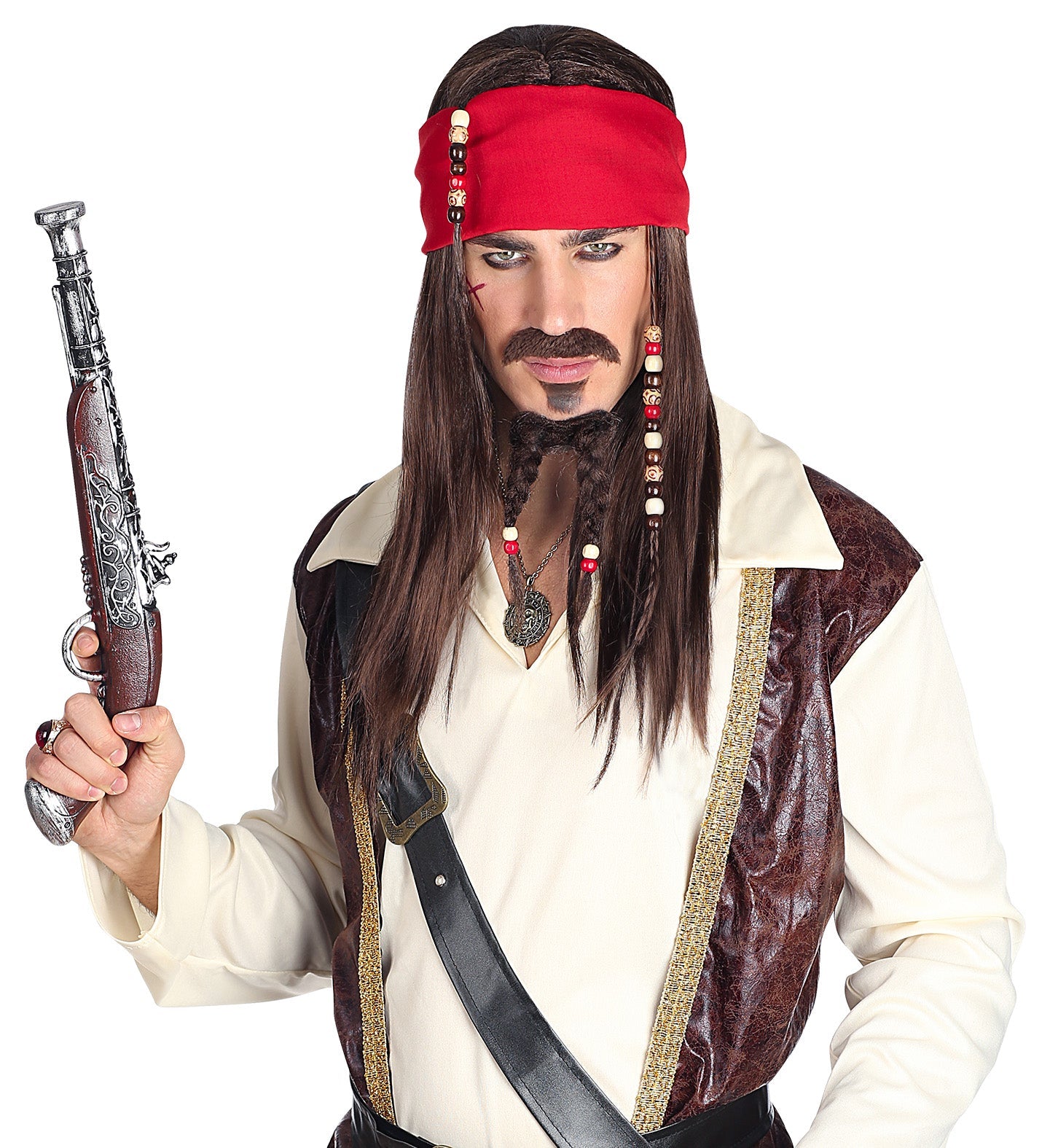 Man in pirate costume with long brown wig, red bandana, beard, and pistol.