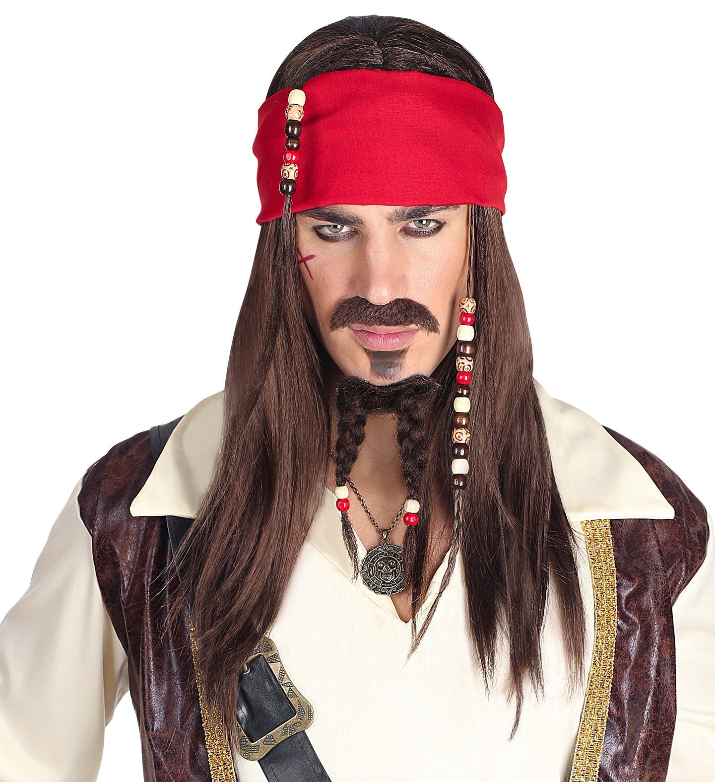 Men's and women's pirate wig set with long brown hair, black goatee beard, and red bandana.
