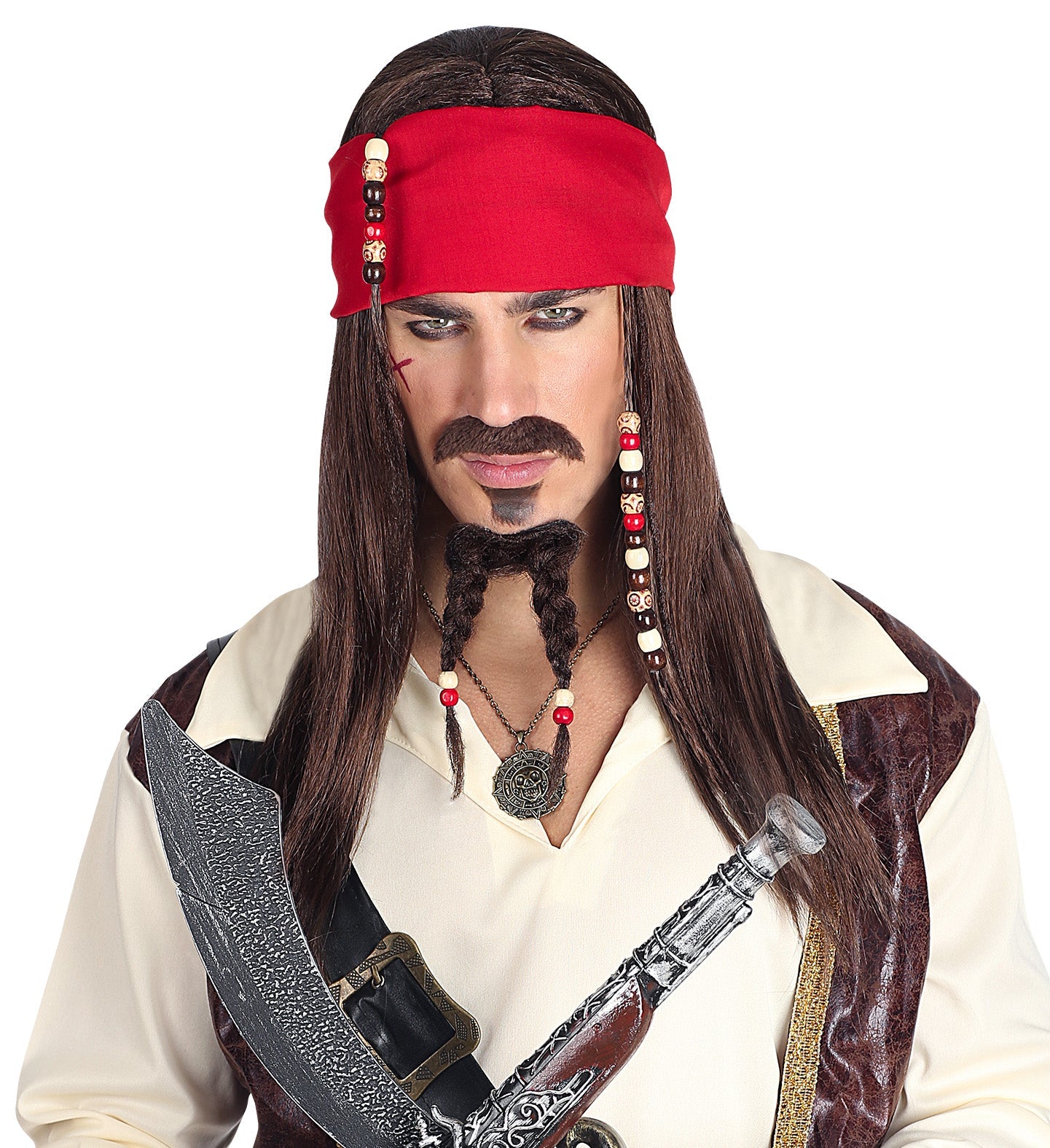 Men's and women's pirate wig set with long brown hair, black beard, red bandana, and sword prop.