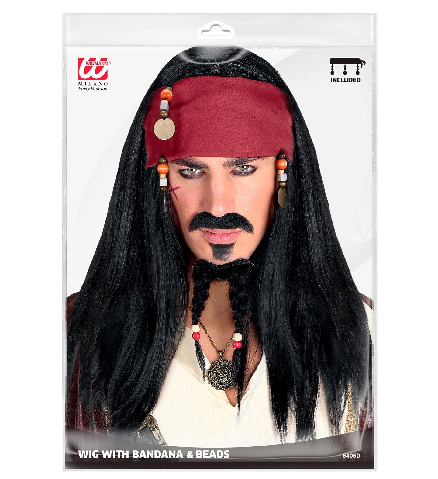 Black pirate wig with red bandana and beads for Halloween costume.