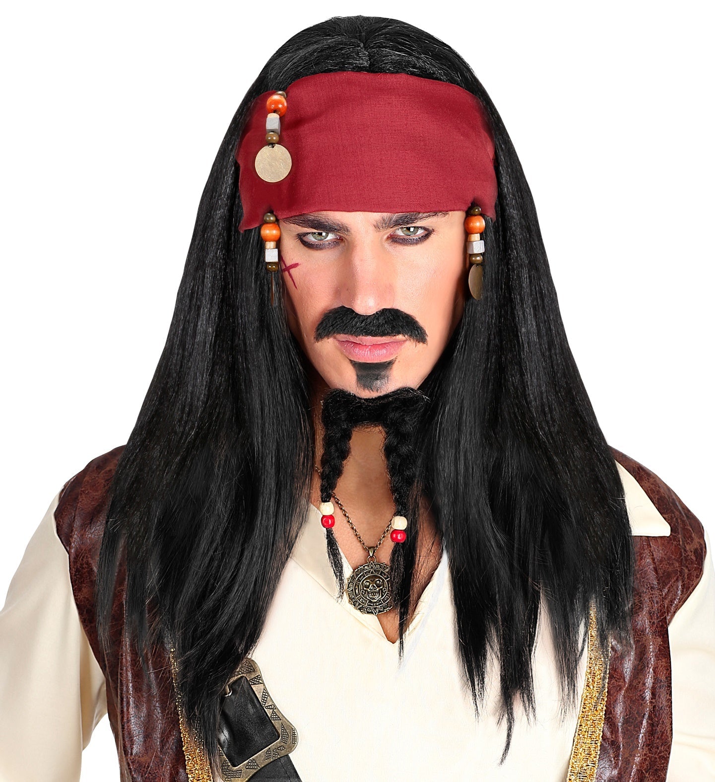 Black pirate wig with braided pearls, red bandana, and dreadlocks for costumes.