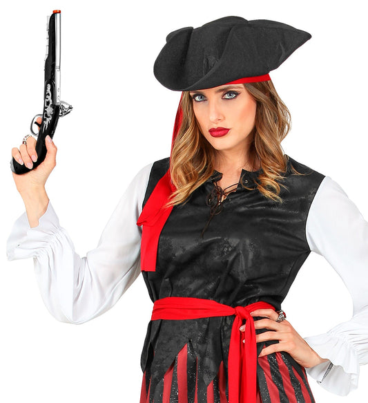 Piratenpistole in Schwarz mit Licht und Schussgeräusch, ideal für Rollenspiele.