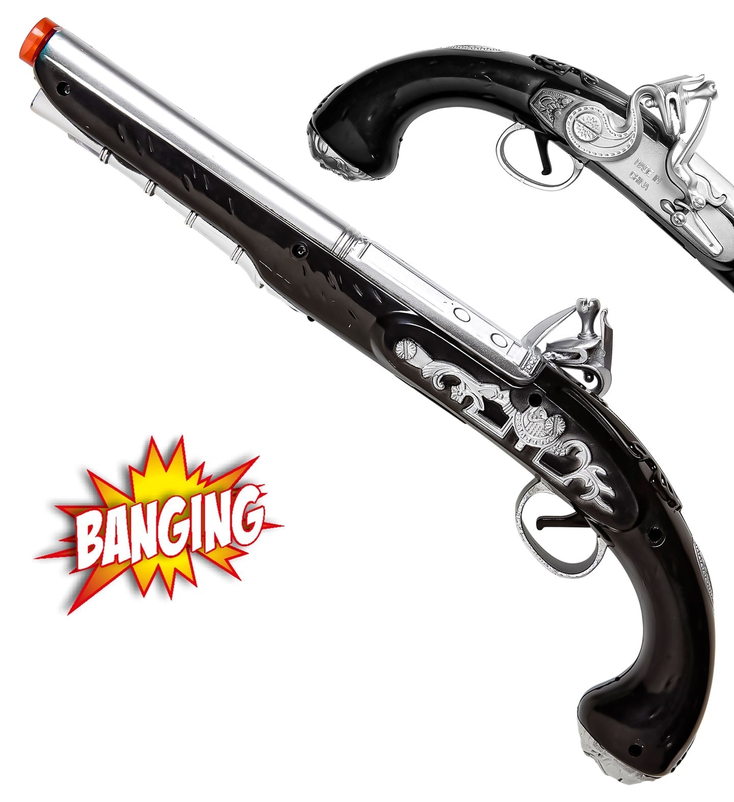 Piratenpistole in Schwarz mit Licht und Schussgeräusch für Kinderrollenspiele.