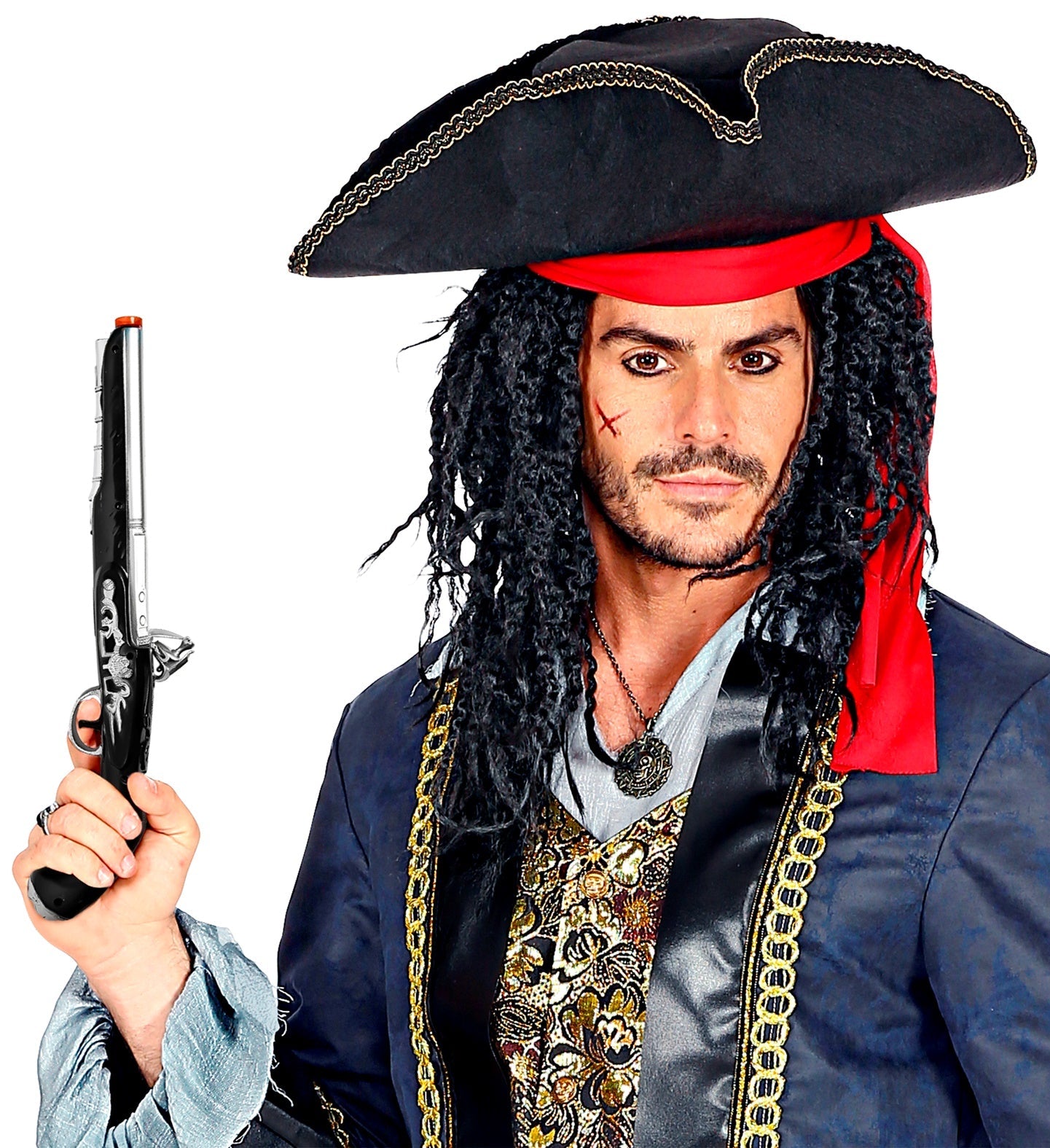 Schwarze Piratenpistole mit rotem Abzug, Licht und Schussgeräusch aus Kunststoffspielzeug