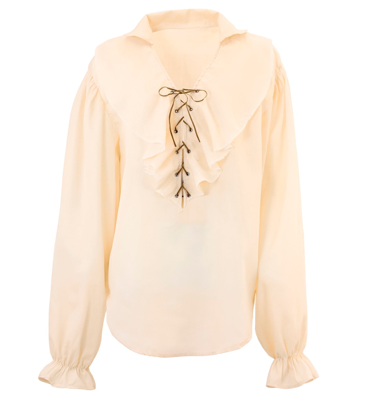 Beige women's pirate Renaissance blouse with ruffled neckline and lace-up front.