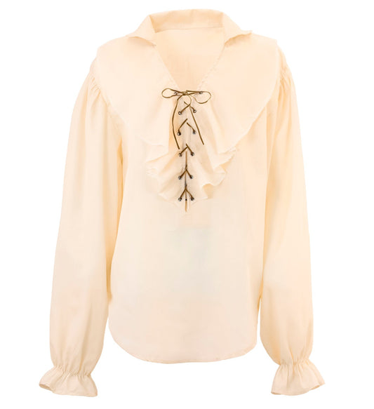 Beige women's pirate Renaissance blouse with ruffled neckline and lace-up front.