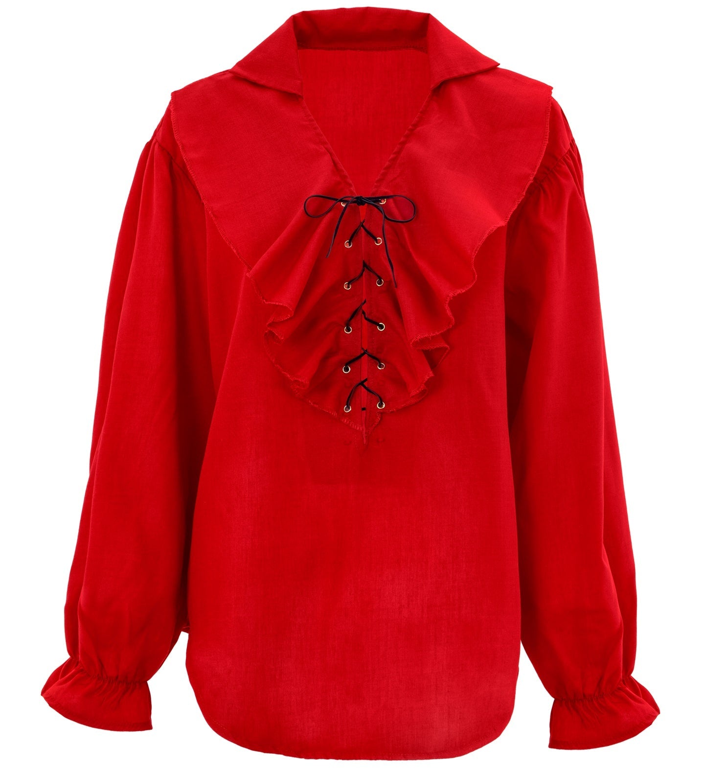 Red ruffle cotton women's blouse with V-neck, lace-up front, and puffed sleeves.
