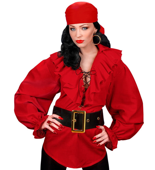 Red ruffle cotton women's pirate blouse with deep V-neck and wide cuffs.