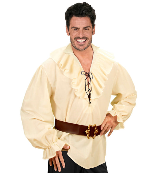 Beige ruffled cotton-blend pirate shirt on a smiling man.