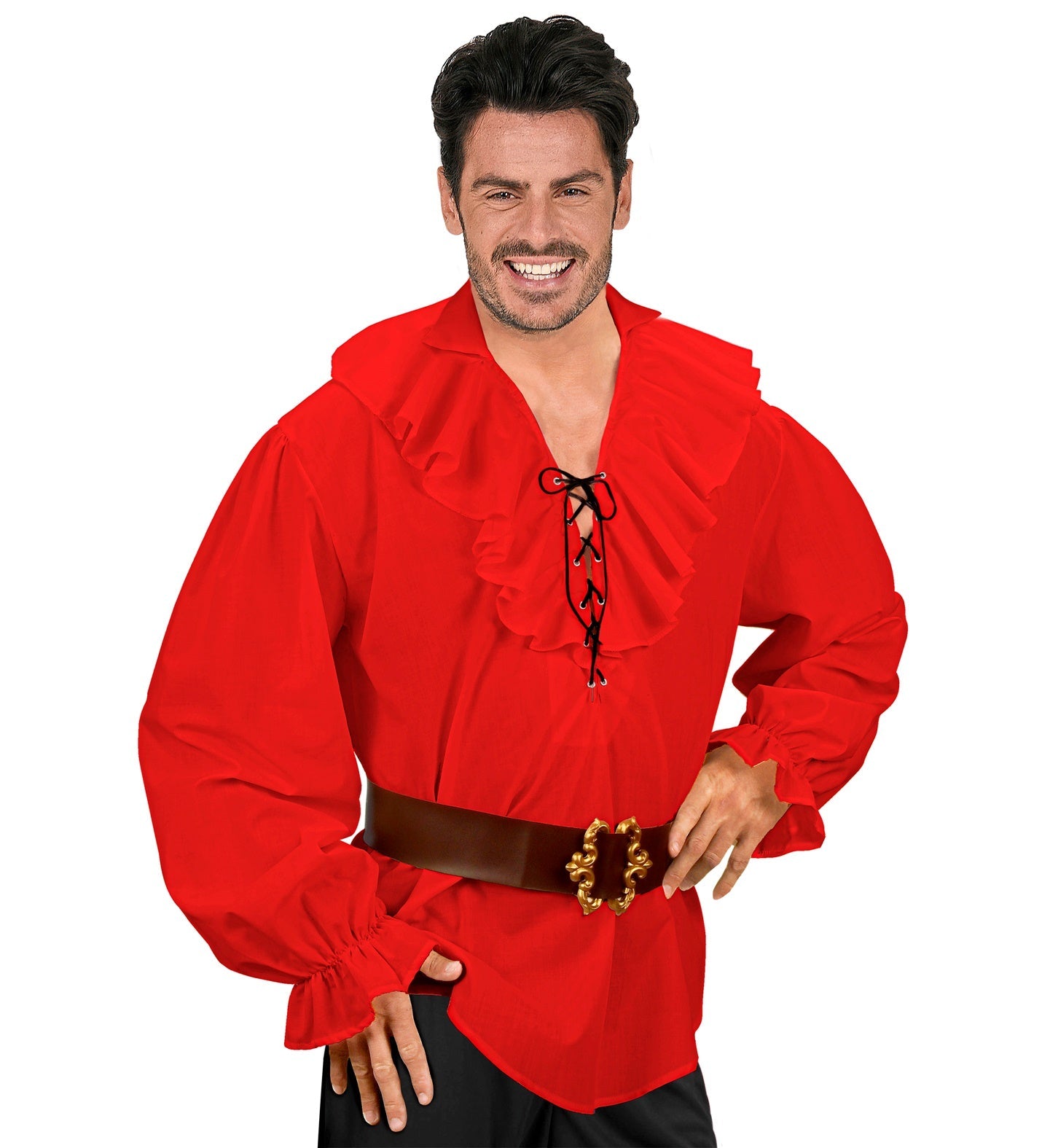 Man in red ruffled cotton pirate Renaissance shirt with lace-up neck and belt.
