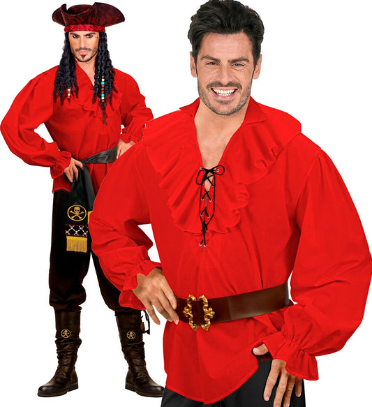 Red ruffled cotton pirate shirt on male model with pirate pose.