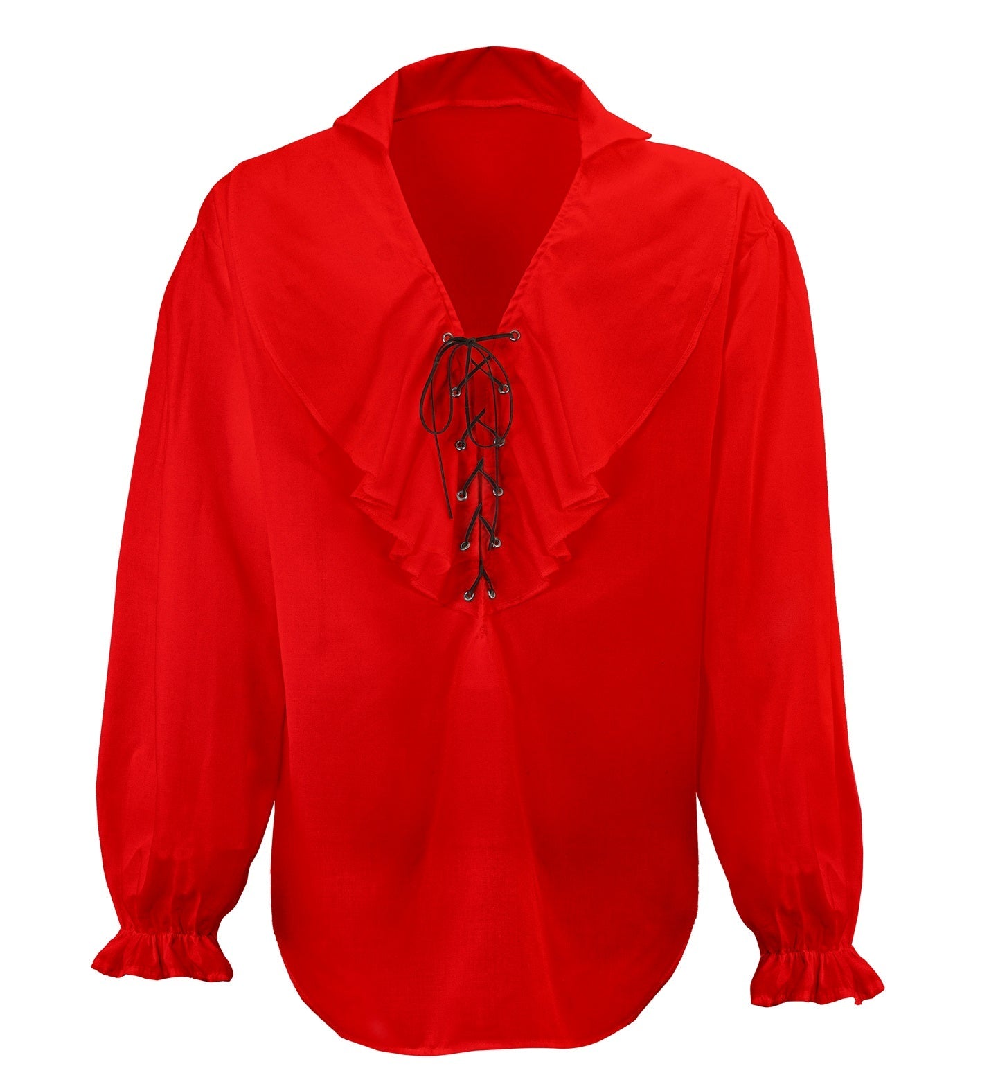 Red ruffled cotton pirate renaissance shirt for men with laced neckline.