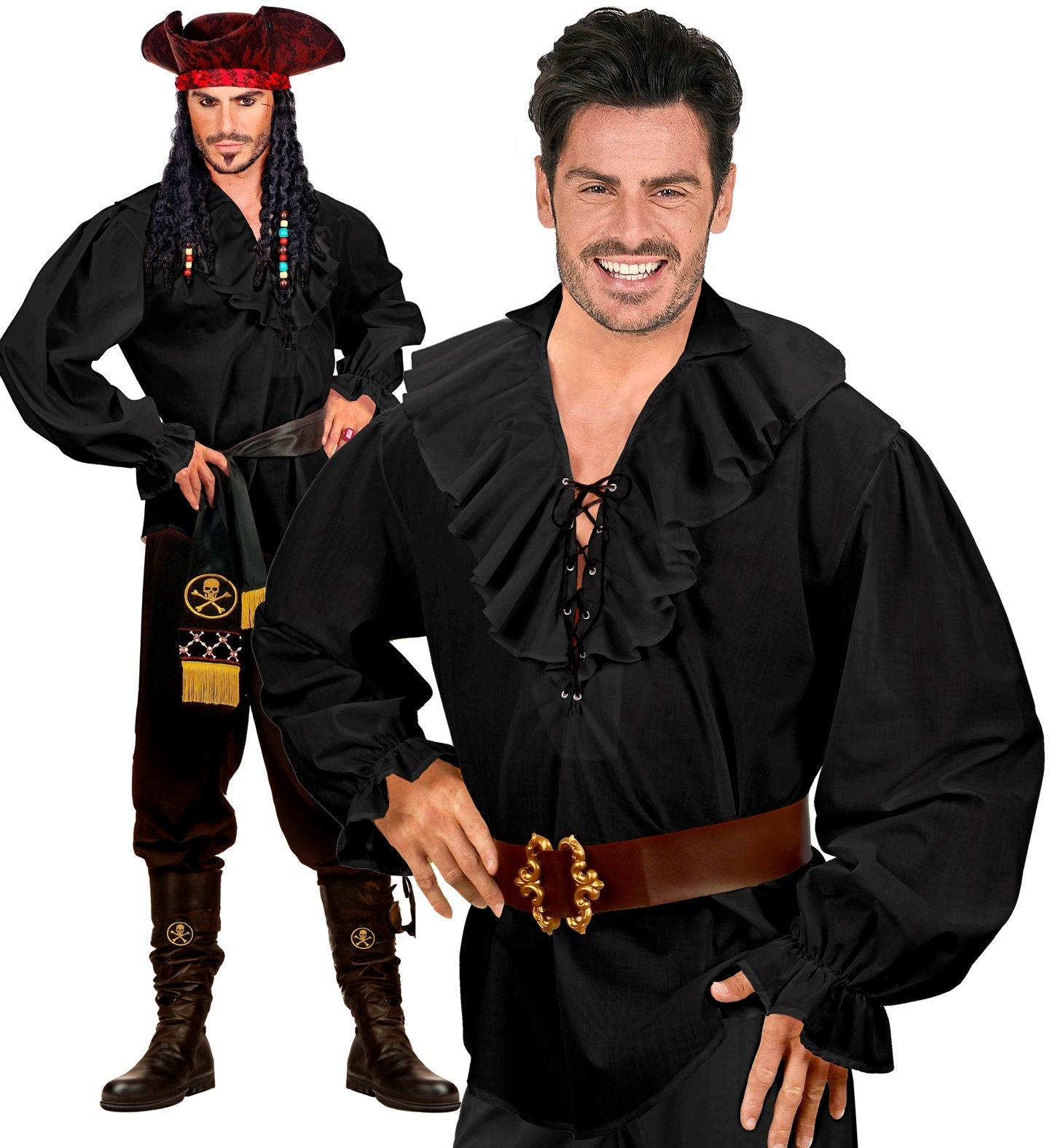 Black ruffled pirate Renaissance shirt on male model with lace-up front and cuffs.