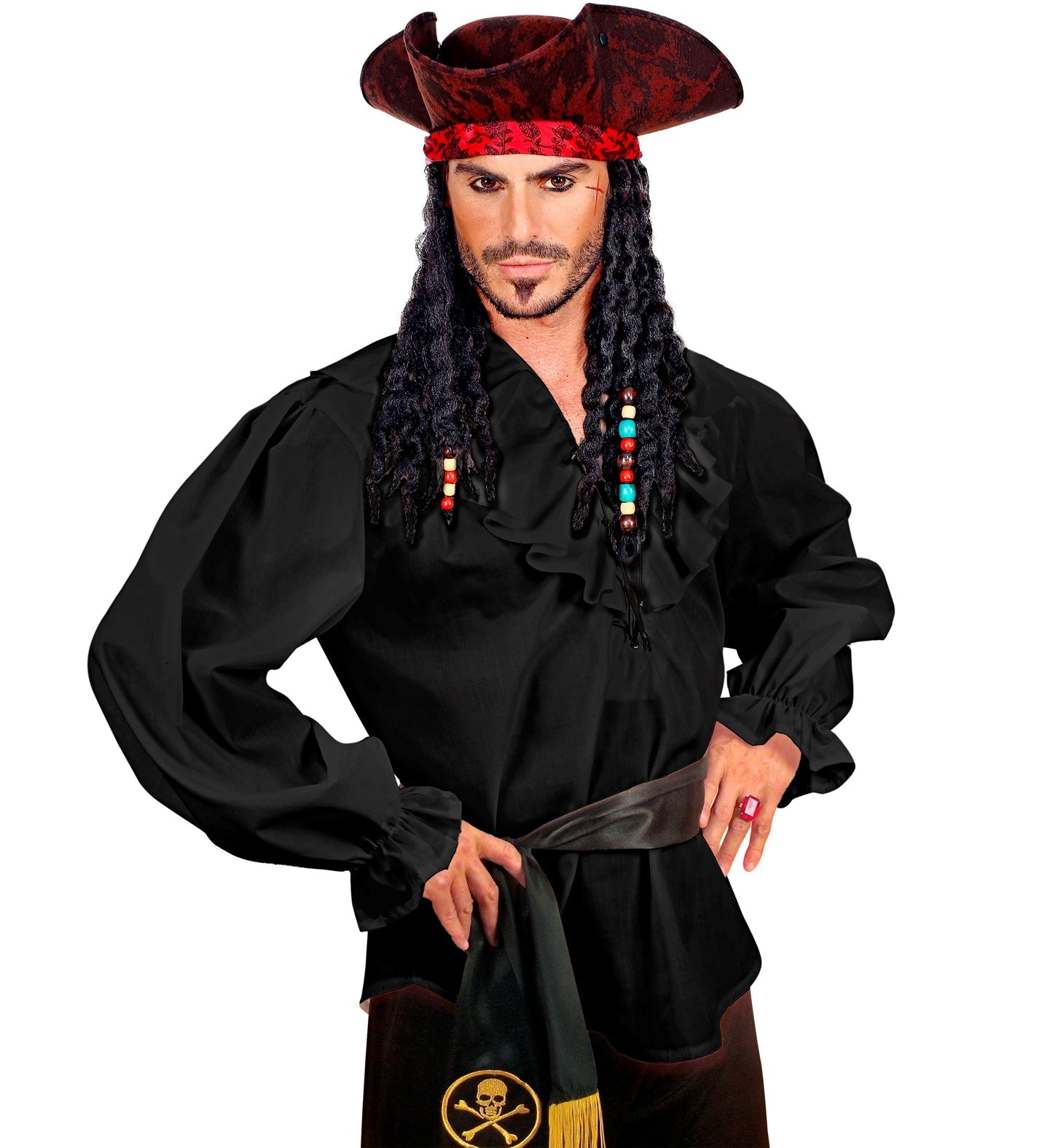 Black ruffled pirate shirt on male model with long hair and pirate hat.