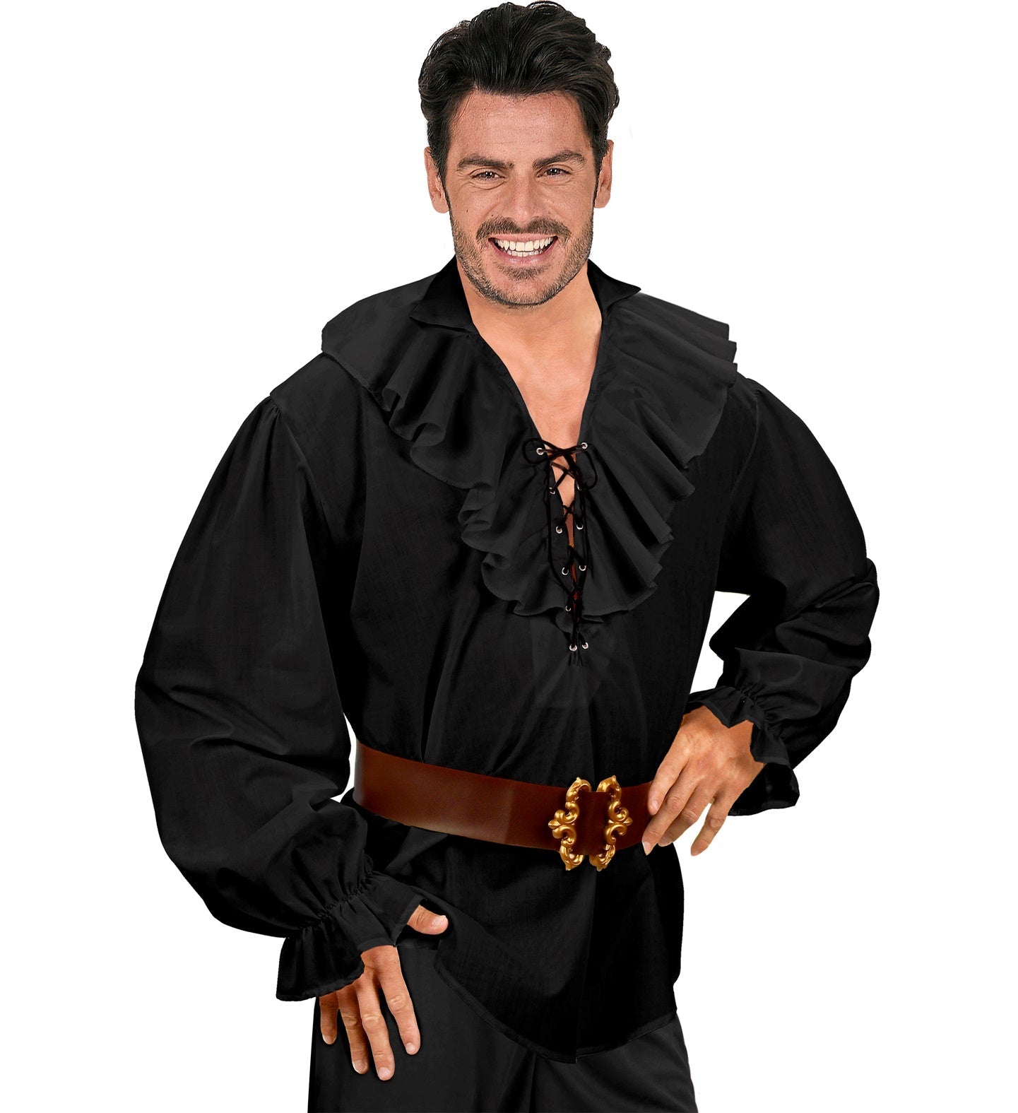 Black ruffled pirate Renaissance shirt on a smiling man, with laced neckline and wide sleeves.